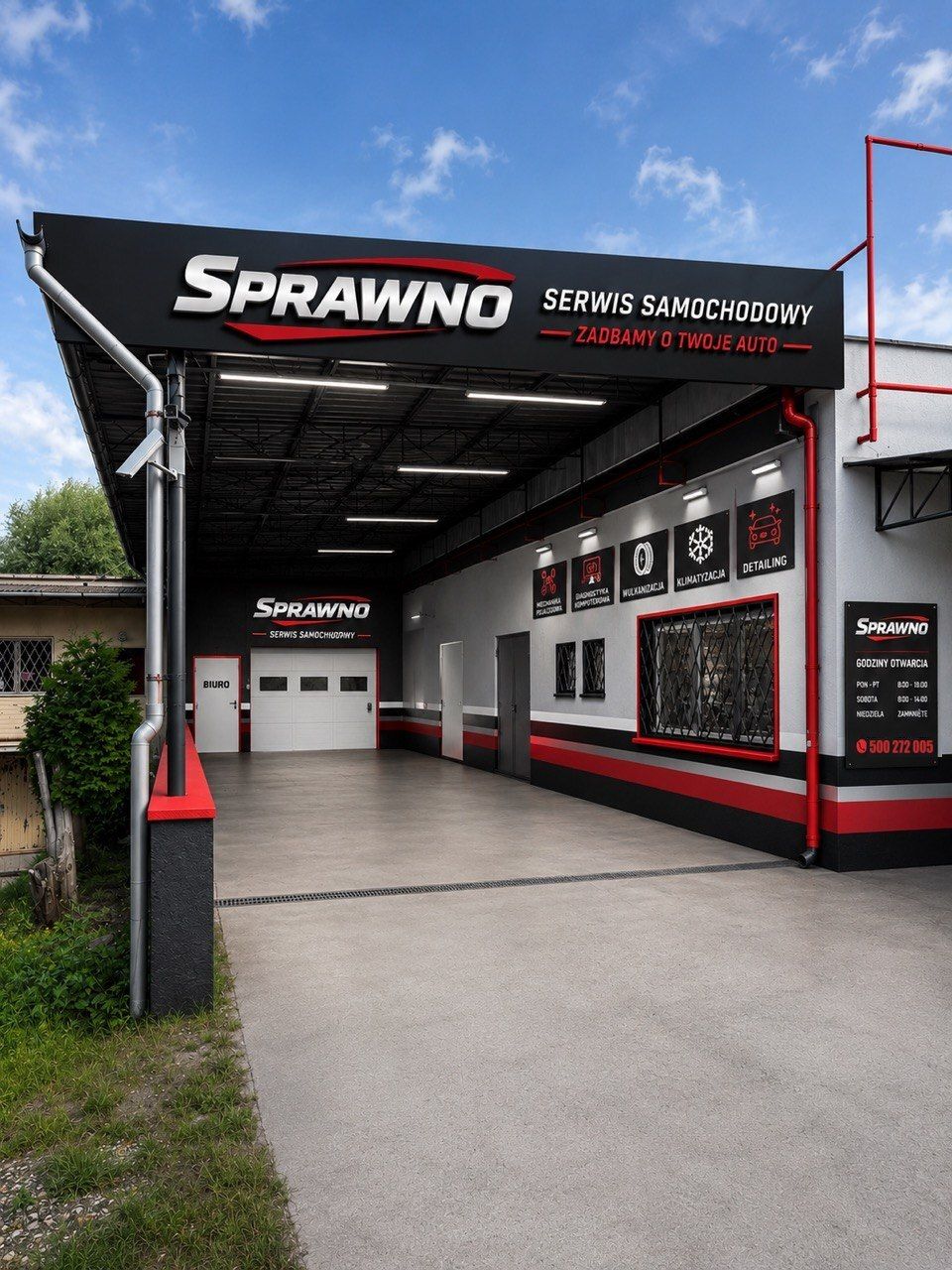 Wizualizacja warsztatu SPRAWNO — serwis samochodowy i detailing w Bogucinie pod Poznaniem